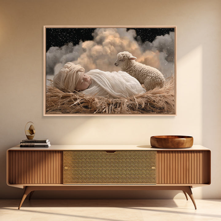Starry Manger Peace, Framed Canvas Print, Christian Christmas Art, Christian Art Canvas, Christian Wall Art, Moody Christmas Art