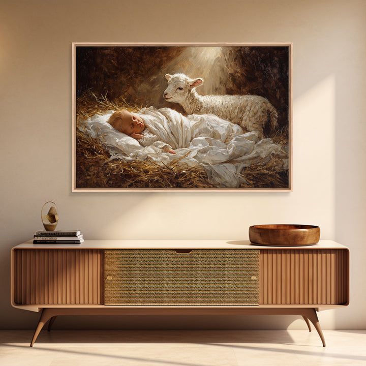 Silent Straw Blessing | Framed Canvas Print | Christian Art Canvas | Christian Christmas Art | Christian Wall Art | Jesus Painting