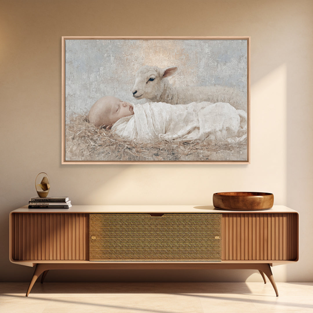 Little Lamb Grace, Framed Canvas Print, Christian Wall Art, Christian Art Canvas, Christmas Art, Christian Painting