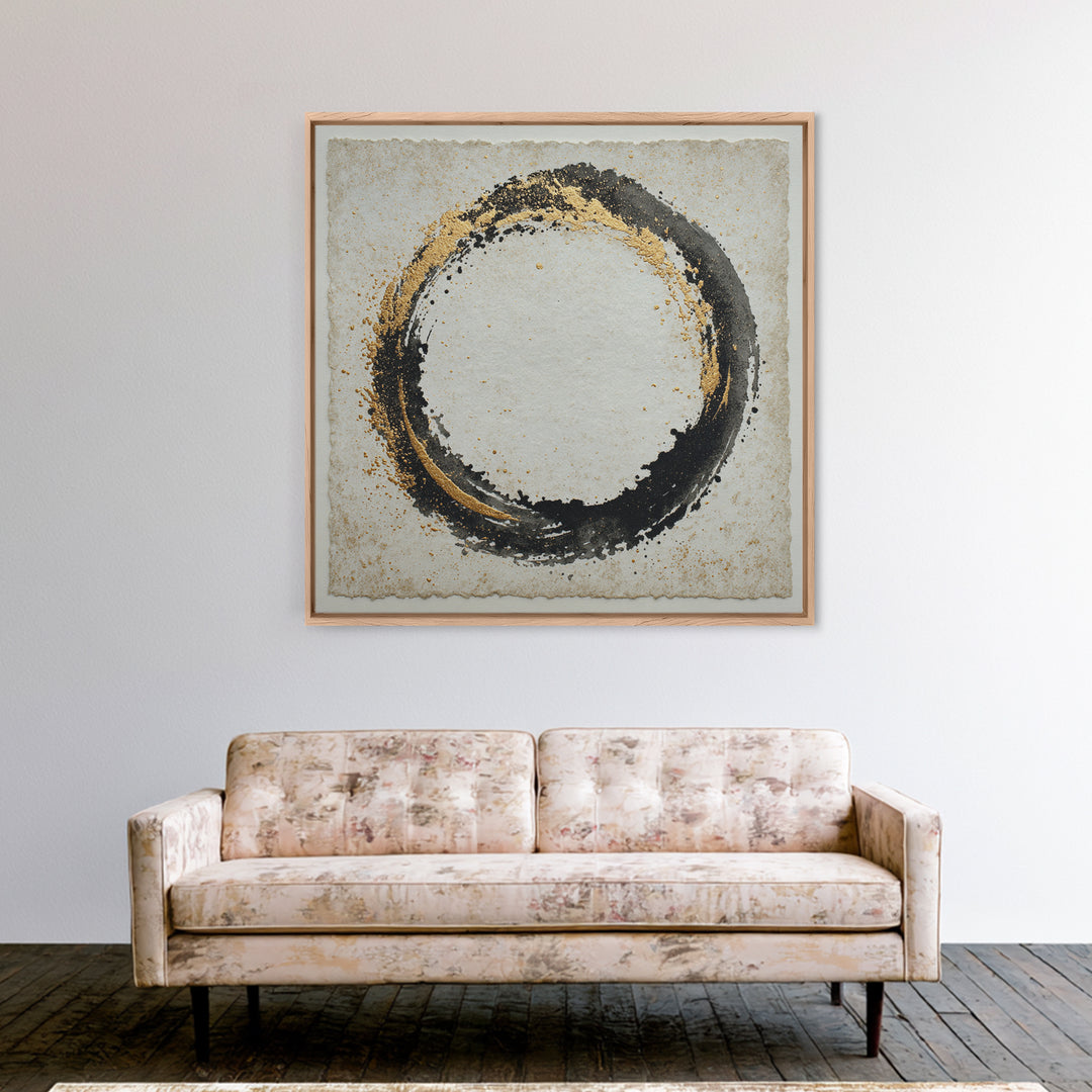 Japanese Brush Mark Circle Framed Canvas Print, Calligraphy Art, Spiritual Wall Art, Living Room Decor, Fine Art, Script, CAL-1x1-100