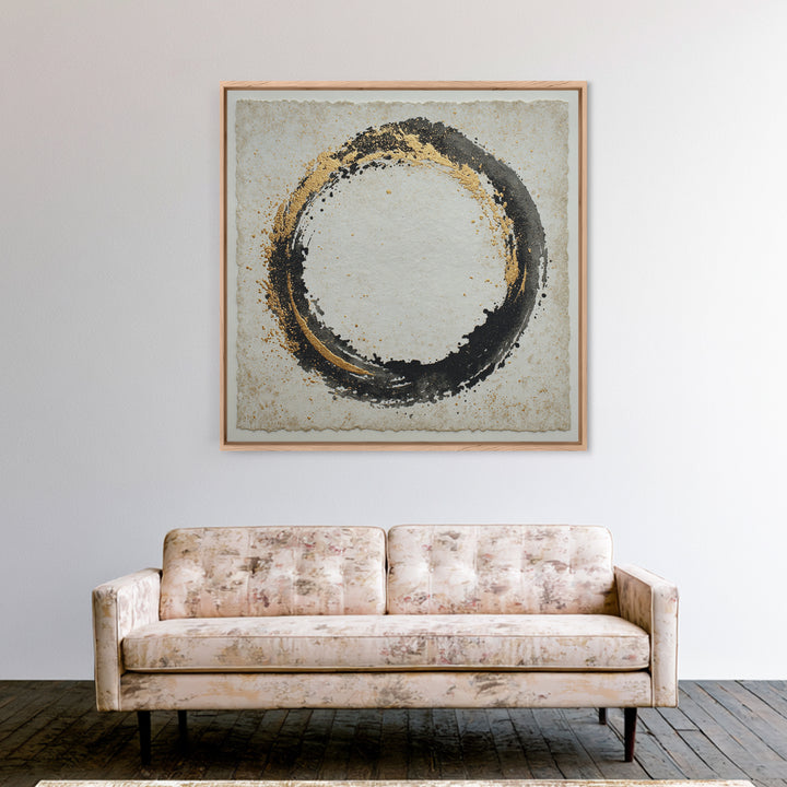 Japanese Brush Mark Circle Framed Canvas Print, Calligraphy Art, Spiritual Wall Art, Living Room Decor, Fine Art, Script, CAL-1x1-100