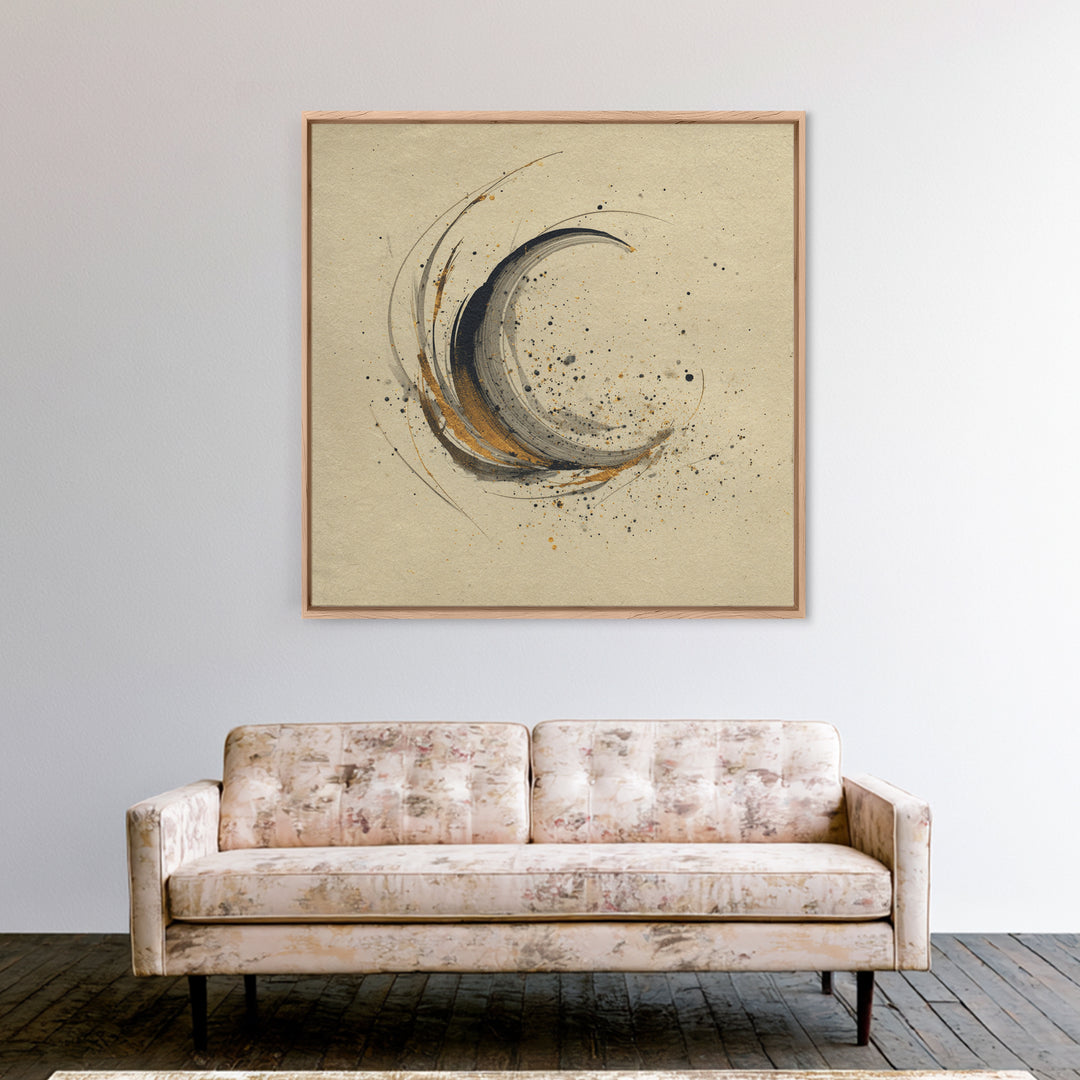 Crescent Moon Made from Elegant Ink Swashes Framed Canvas Print, Calligraphy Art, Japanese Decor, Living Room Decor, Script, CAL-1x1-21