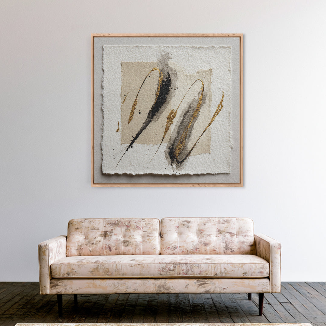 Abstract Gold Calligraphic Strokes on Ivory Paper Canvas Print, Calligraphy Art, Scripture Art, Living Room Decor, Script, CAL-1x1-26