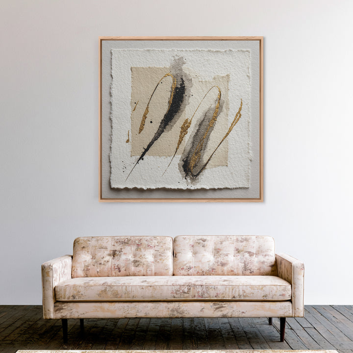 Abstract Gold Calligraphic Strokes on Ivory Paper Canvas Print, Calligraphy Art, Scripture Art, Living Room Decor, Script, CAL-1x1-26