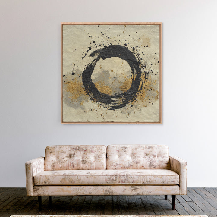 Japanese Brush Mark Circle Framed Canvas Print, Calligraphy Art, Print, Living Room Decor, Fine Art, Script, Custom Art, CAL-1x1-28