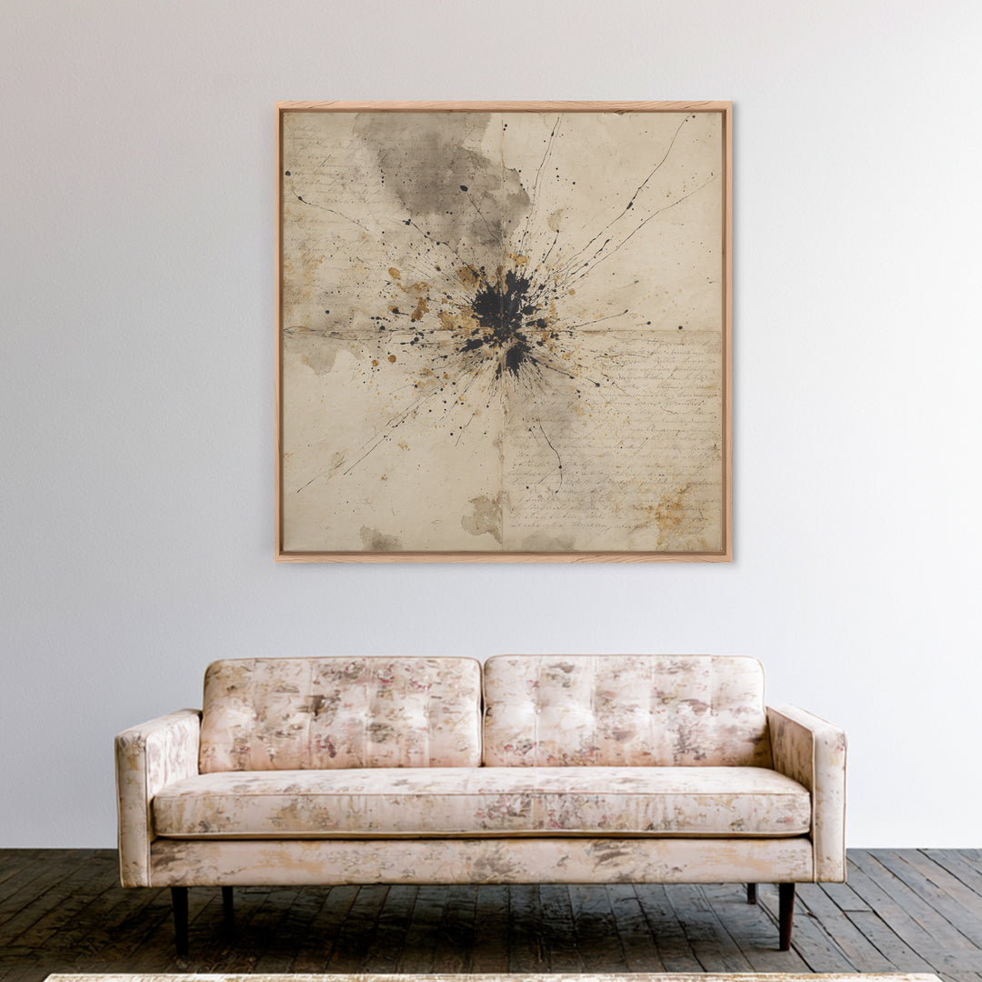Ink Splatter and Long Brushstroke Composition Framed Canvas Print, Calligraphy Art, Art Print, Living Room Decor, Script, CAL-1x1-40