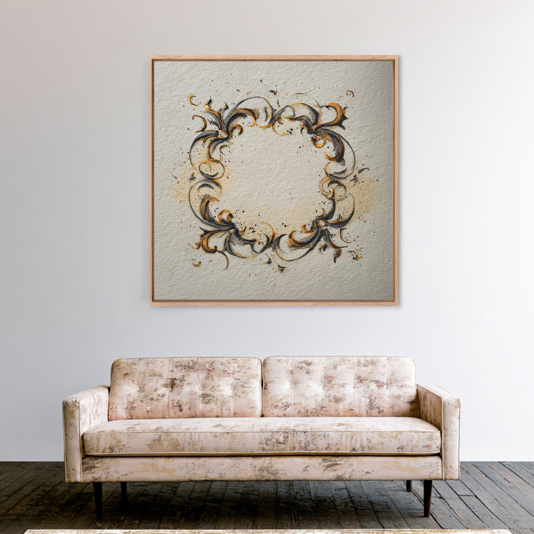 Ornamental Frame of Flourished Pen Curves Framed Canvas Print, Calligraphy Art, Minimalist Wall Art, Living Room Decor, Script, CAL-1x1-42