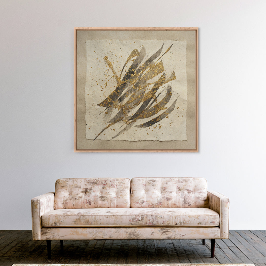 Abstract Gold Calligraphic Strokes on Ivory Paper Canvas Print, Calligraphy Art, Scripture Art, Living Room Decor, Script, CAL-1x1-50