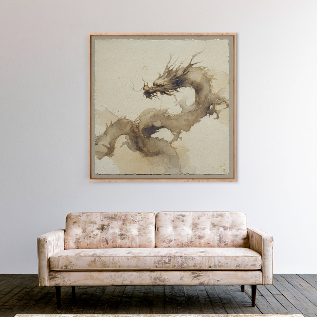 Ink Wash Dragon Curve Framed Canvas Print, Calligraphy Art, Statement Artwork, Living Room Decor, Fine Art, Script, Wall Decor, CAL-1x1-57