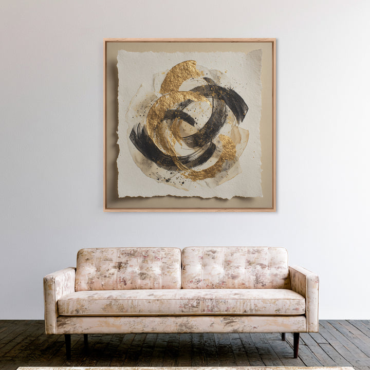 Abstract Gold Calligraphic Strokes on Ivory Paper Canvas Print, Calligraphy Art, Spiritual Wall Art, Living Room Decor, Script, CAL-1x1-74