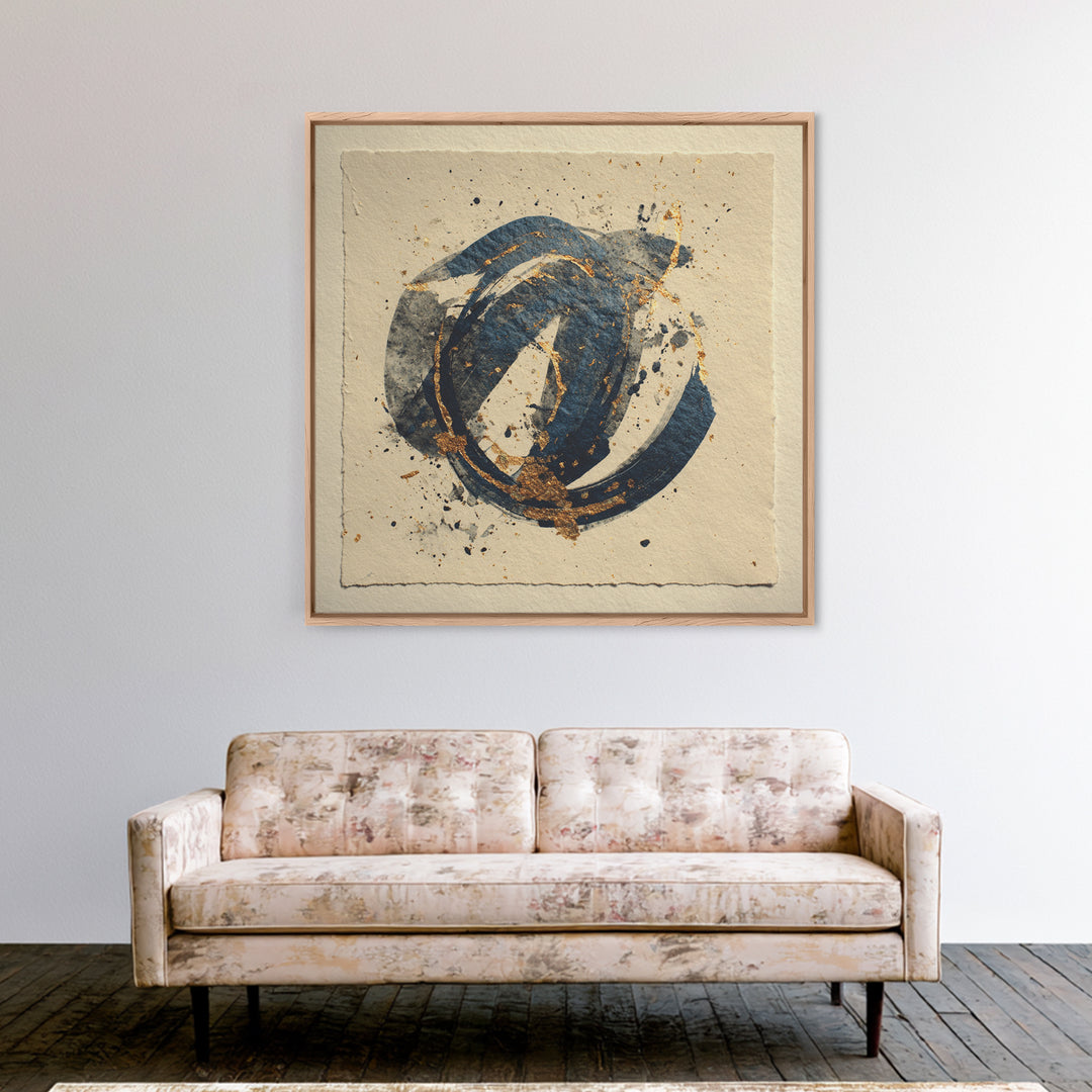 Layered Copper Ink Strokes on Dark Navy Framed Canvas Print, Calligraphy Art, Gallery Decor, Living Room Decor, Script, CAL-1x1-78