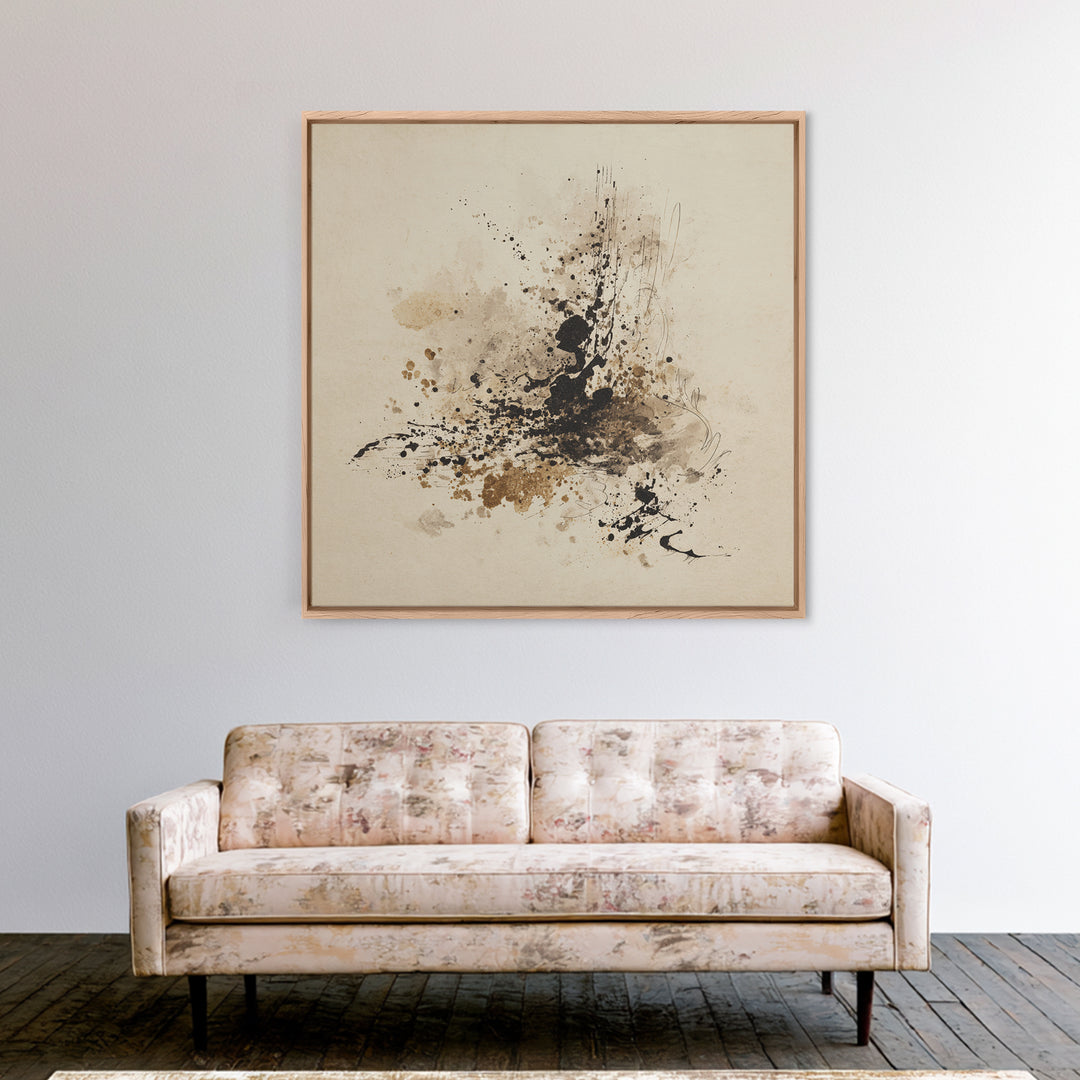 Ink Splatter and Long Brushstroke Composition Canvas Print, Calligraphy Art, Textured Painting, Living Room Decor, Script, CAL-1x1-88