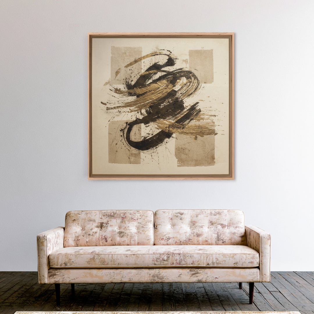 Abstract Gold Calligraphic Strokes on Ivory Paper Canvas Print, Calligraphy Art, Boho Decor, Living Room Decor, Script, CAL-1x1-98