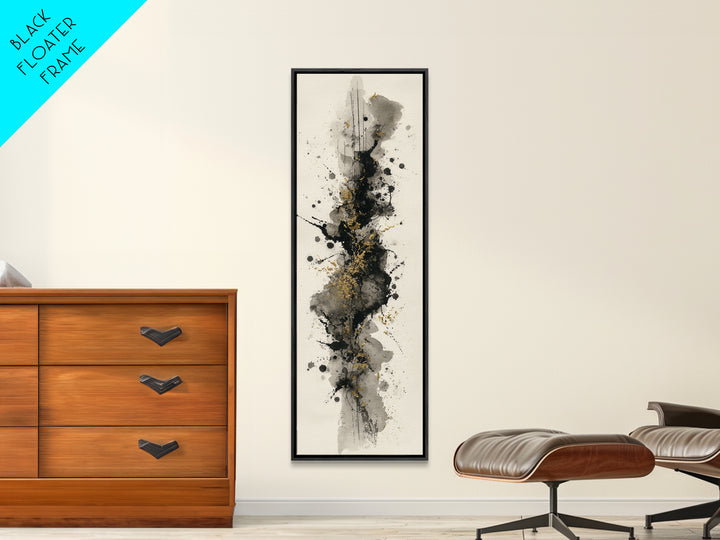 Ink Splatter and Long Brushstroke Composition Framed Canvas Print, Calligraphy Art, Home Decor, Living Room Decor, Script, CAL-1x3-52