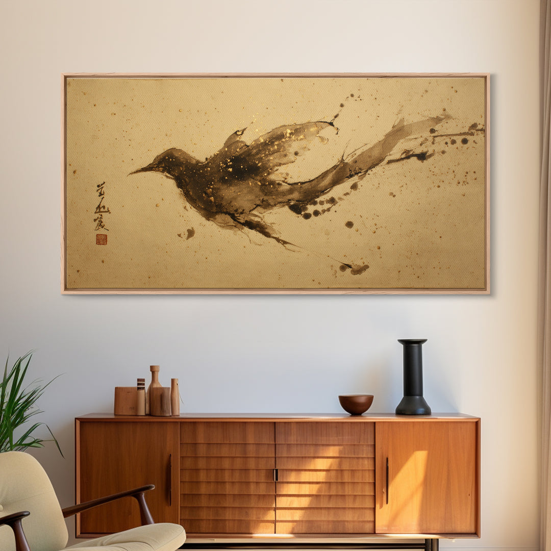 Calligraphic Bird Shape Formed from Flowing Lines Framed Canvas Print, Calligraphy Art, Modern Art, Living Room Decor, Script, CAL-2x1-100