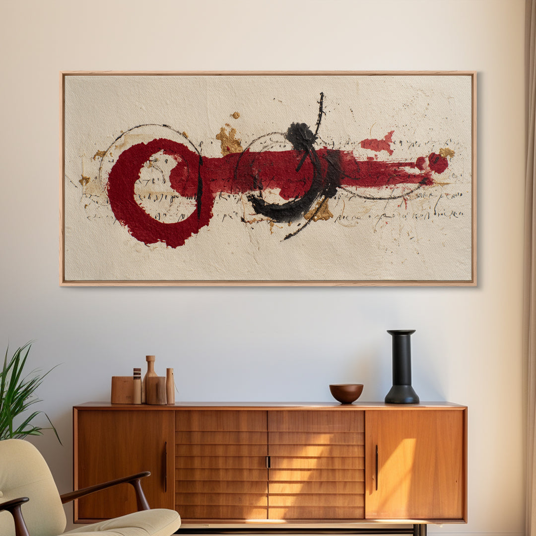 Bold Red Brushstroke Seal Abstraction Framed Canvas Print, Calligraphy Art, Minimalist Decor, Living Room Decor, Script, CAL-2x1-15