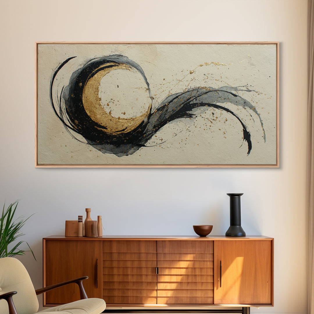 Crescent Moon Made from Elegant Ink Swashes Canvas Print, Calligraphy Art, Contemporary Art, Living Room Decor, Script, CAL-2x1-17