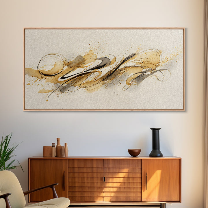 Abstract Gold Calligraphic Strokes on Ivory Paper Canvas Print, Calligraphy Art, Boho Decor, Living Room Decor, Script, CAL-2x1-22