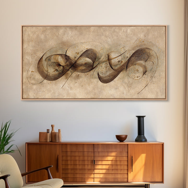 Arabic Ornamental Curves as Non Readable Art Framed Canvas Print, Calligraphy Art, Prints, Living Room Decor, Fine Art, Script, CAL-2x1-23