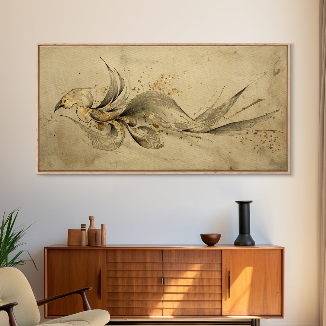 Calligraphic Bird Shape Formed from Flowing Lines Canvas Print, Calligraphy Art, Minimalist Decor, Living Room Decor, Script, CAL-2x1-28
