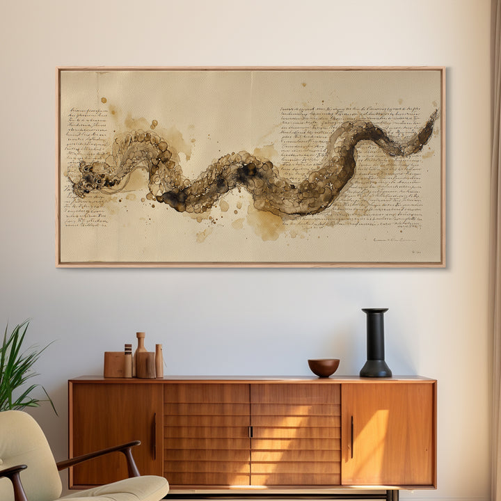 Ink Wash Dragon Curve Framed Canvas Print, Calligraphy Art, Art, Living Room Decor, Fine Art, Script, Unique Wall Art, CAL-2x1-29