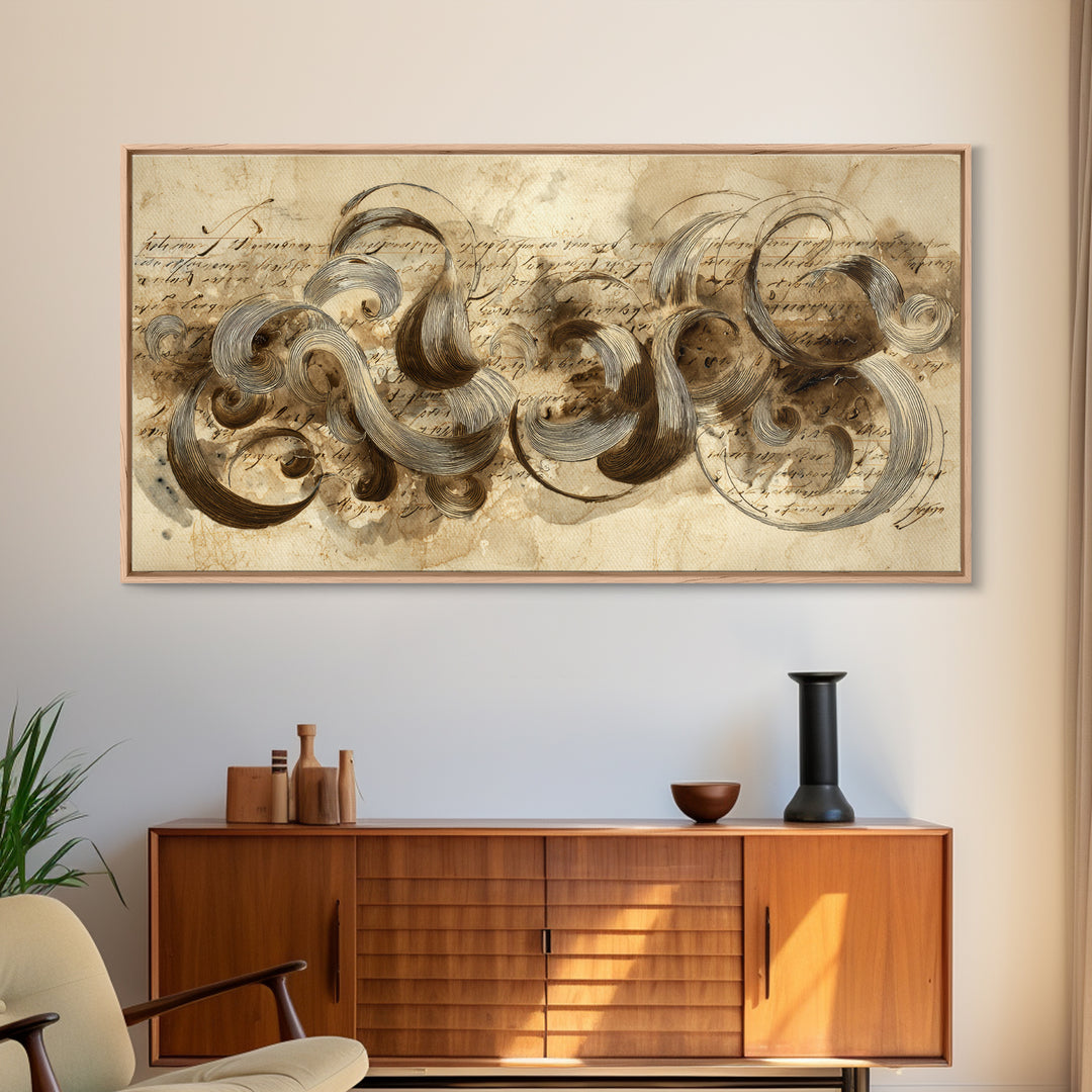 Baroque Scrollwork Made from Looping Pen Strokes Canvas Print, Calligraphy Art, Contemporary Art, Living Room Decor, Script, CAL-2x1-32