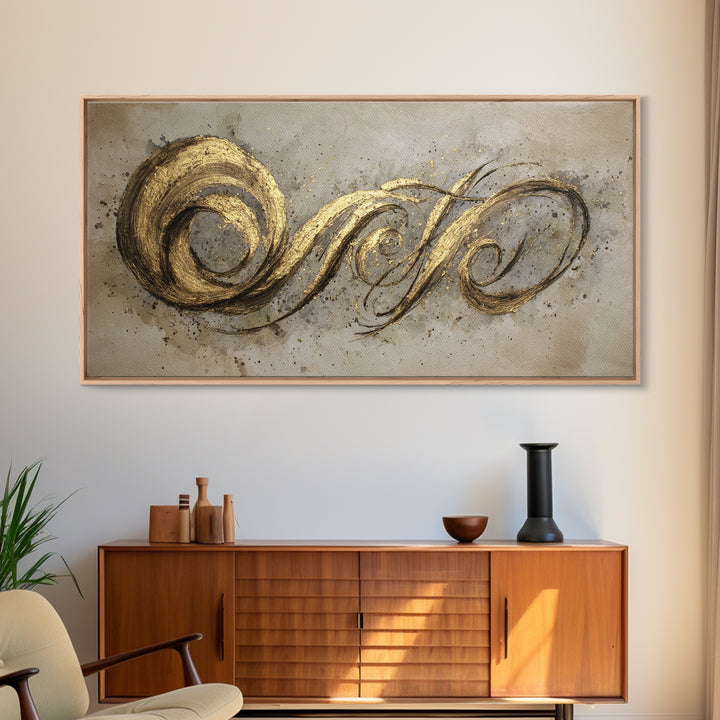 Gold Leaf Calligraphic Spiral on Plaster Surface Canvas Print, Calligraphy Art, Art Print, Living Room Decor, Script, CAL-2x1-34
