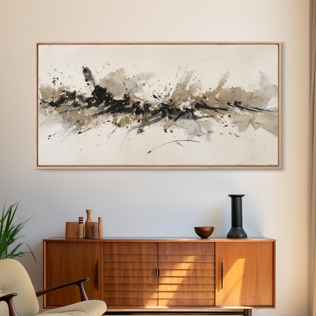 Ink Splatter and Long Brushstroke Composition Canvas Print, Calligraphy Art, Wall Art, Living Room Decor, Fine Art, Script, CAL-2x1-36