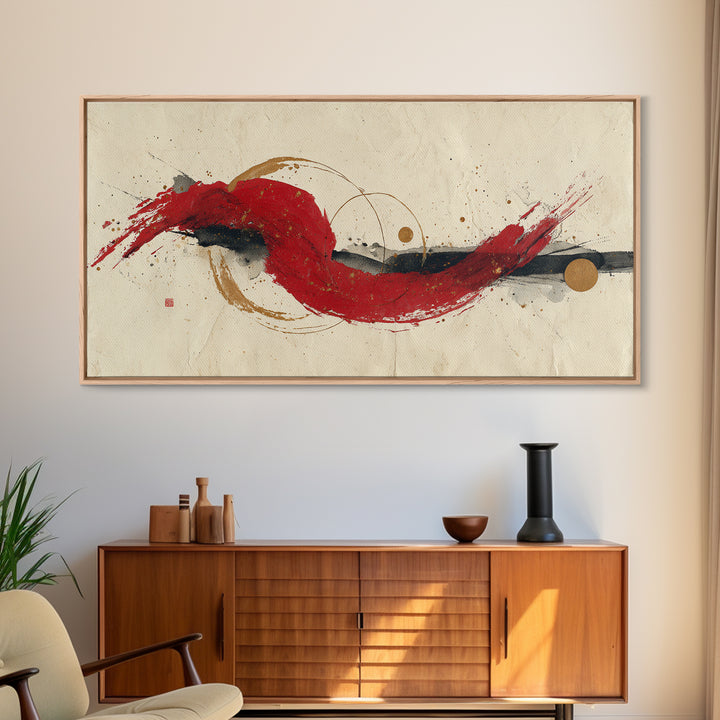 Bold Red Brushstroke Seal Abstraction Canvas Print, Calligraphy Art, Painting, Living Room Decor, Script, Japanese Art, CAL-2x1-39