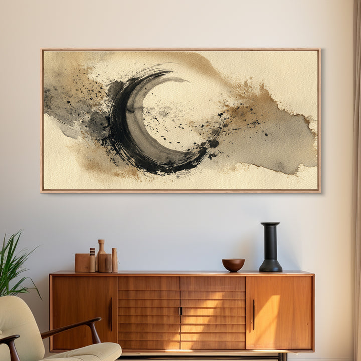 Crescent Moon Made from Elegant Ink Swashes Canvas Print, Calligraphy Art, Contemporary Art, Living Room Decor, Script, CAL-2x1-41