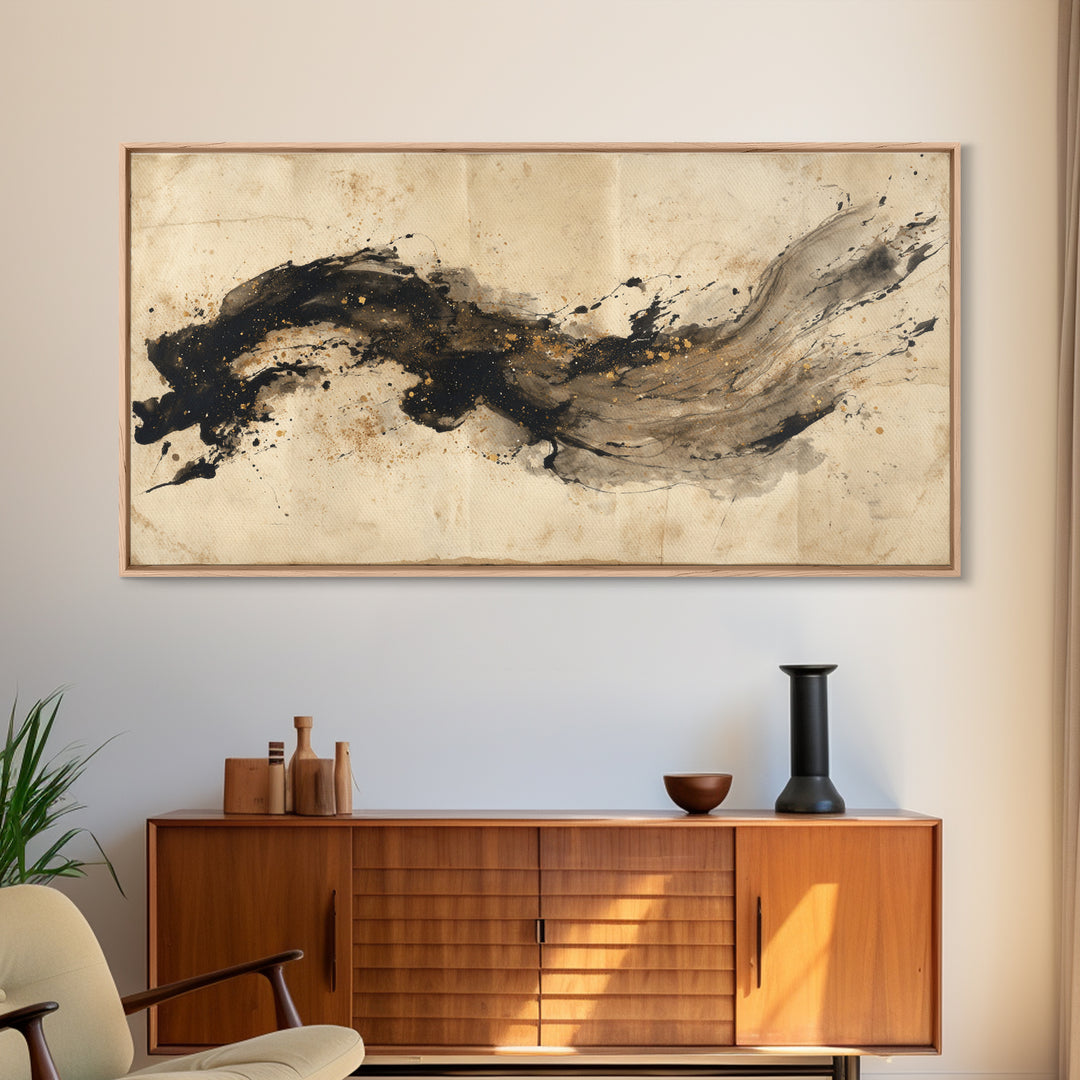 Large Sweeping Black Ink Gesture Like a Framed Canvas Print, Calligraphy Art, Prints, Living Room Decor, Fine Art, Script, CAL-2x1-45