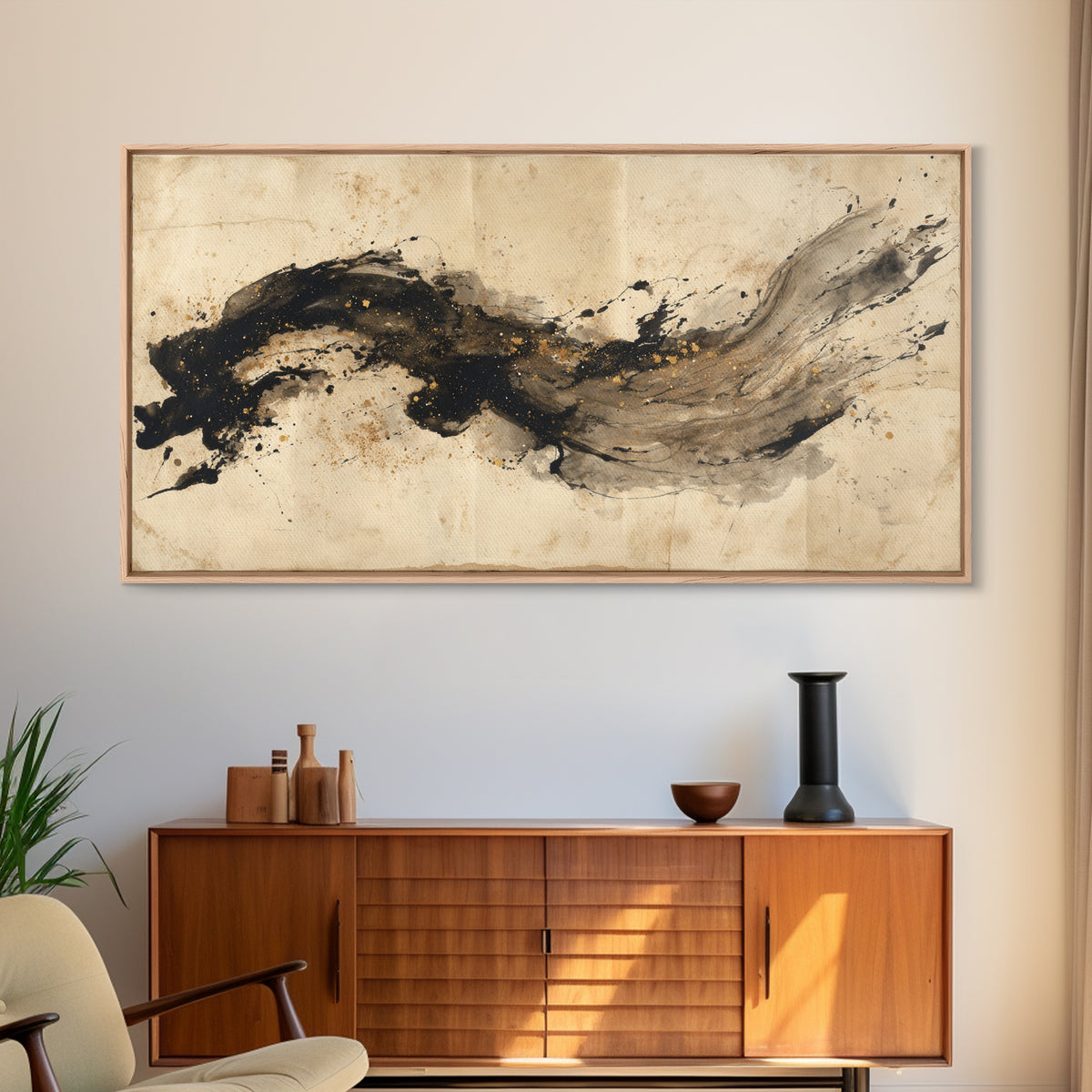 Large Sweeping Black Ink Gesture Like a Framed Canvas Print, Calligraphy Art, Prints, Living Room Decor, Fine Art, Script, CAL-2x1-45