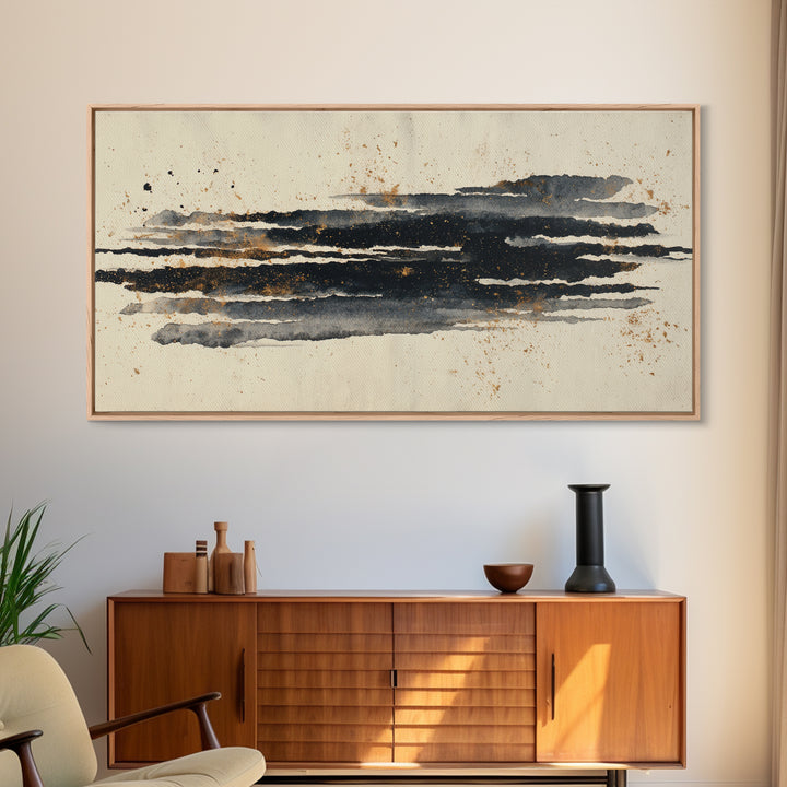 Layered Copper Ink Strokes on Dark Navy Framed Canvas Print, Calligraphy Art, Minimalist Decor, Living Room Decor, Script, CAL-2x1-50
