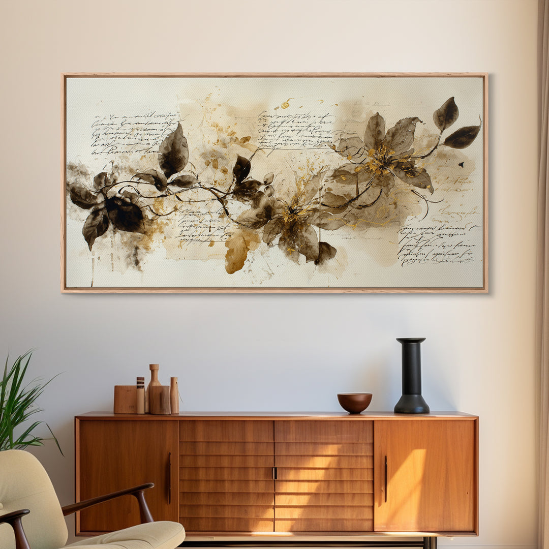 Floral Vine Created from Graceful Script Like Framed Canvas Print, Calligraphy Art, Wall Art Print, Living Room Decor, Script, CAL-2x1-55
