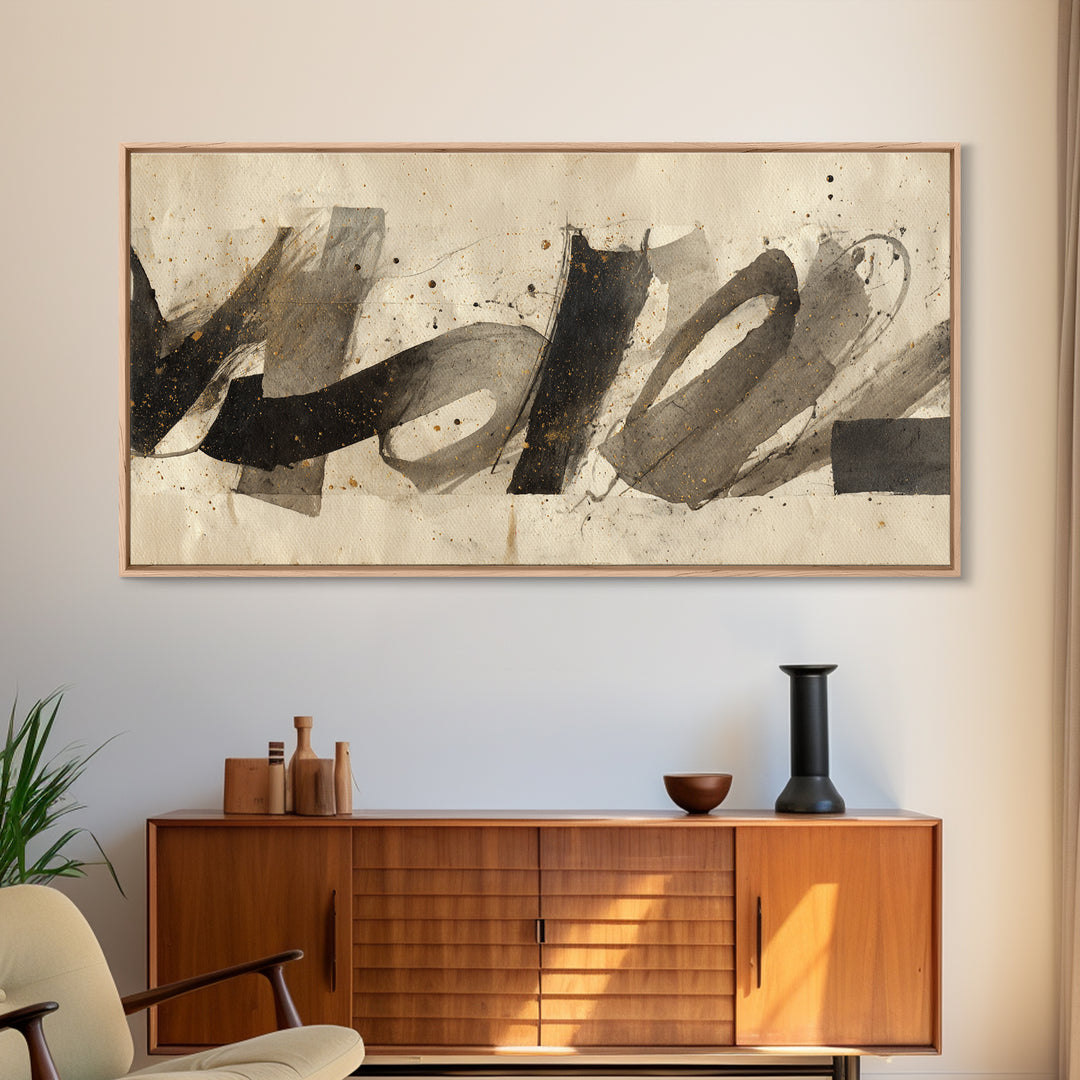 Monochrome Brush Alphabet Fragments as Abstract Texture Canvas Print, Calligraphy Art, Wall Decor, Living Room Decor, Script, CAL-2x1-57