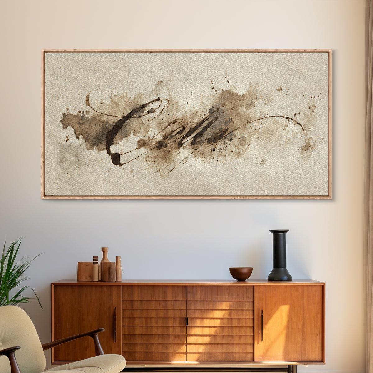Ink Splatter and Long Brushstroke Composition Framed Canvas Print, Calligraphy Art, Prints, Living Room Decor, Fine Art, Script, CAL-2x1-60