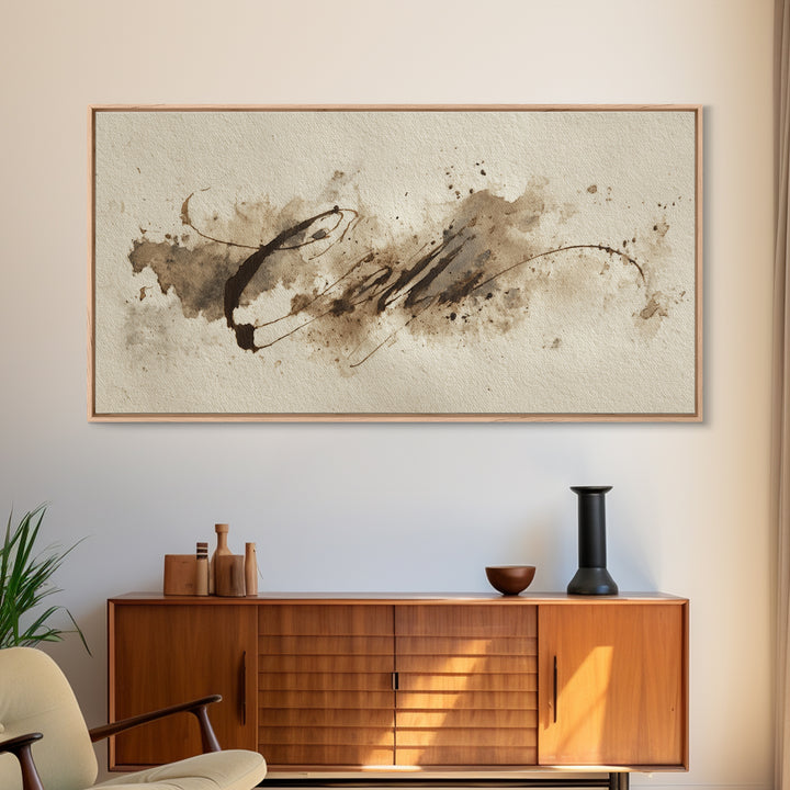 Ink Splatter and Long Brushstroke Composition Framed Canvas Print, Calligraphy Art, Prints, Living Room Decor, Fine Art, Script, CAL-2x1-60