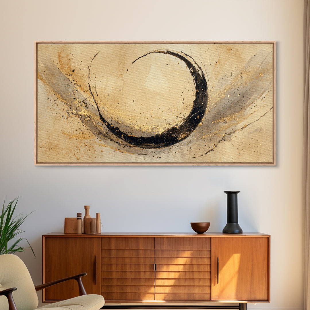 Crescent Moon Made from Elegant Ink Swashes Framed Canvas Print, Calligraphy Art, Digital Prints, Living Room Decor, Script, CAL-2x1-65