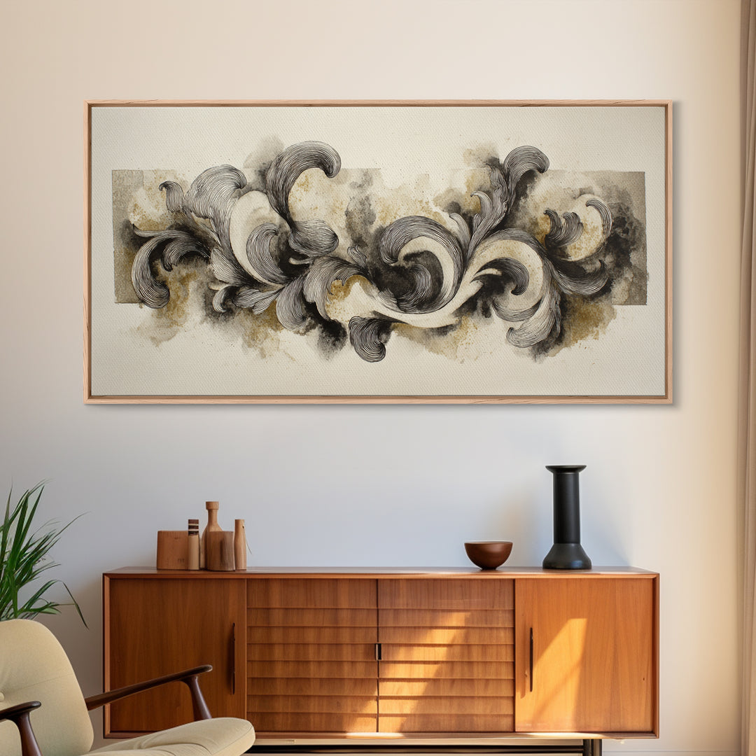 Baroque Scrollwork Made from Looping Pen Strokes Framed Canvas Print, Calligraphy Art, Japanese Art, Living Room Decor, Script, CAL-2x1-80
