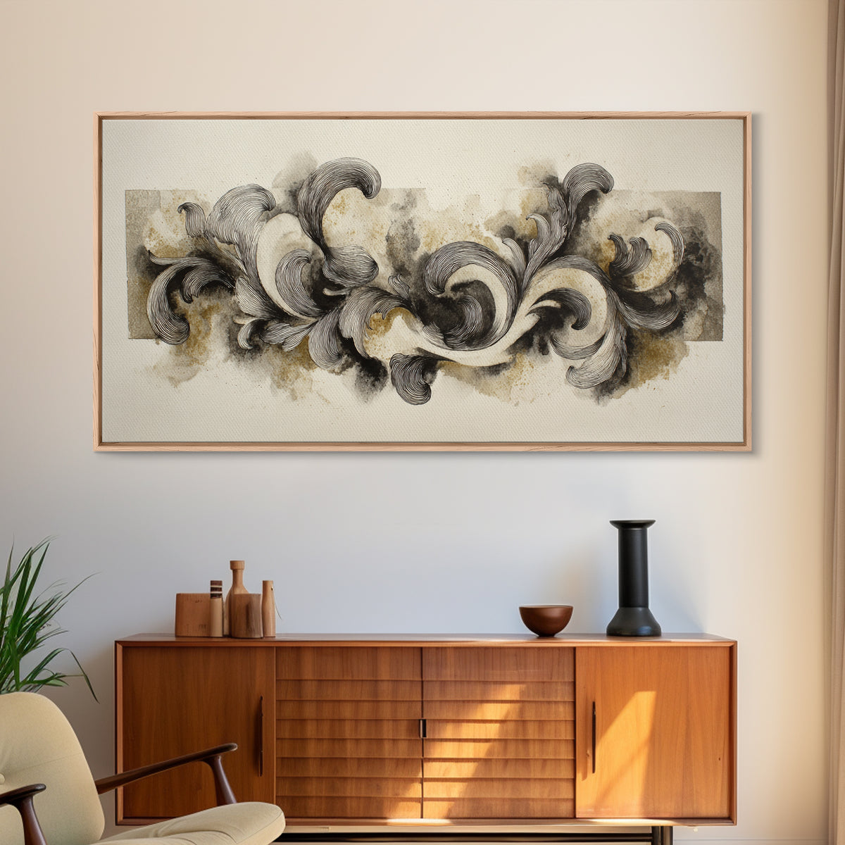 Baroque Scrollwork Made from Looping Pen Strokes Framed Canvas Print, Calligraphy Art, Japanese Art, Living Room Decor, Script, CAL-2x1-80