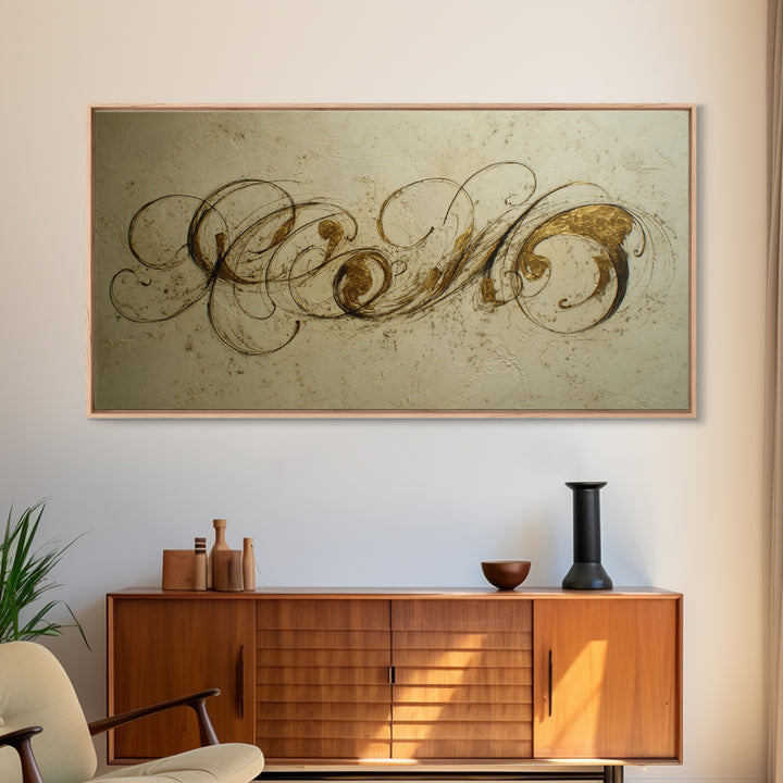 Gold Leaf Calligraphic Spiral on Plaster Surface Canvas Print, Calligraphy Art, Wall Art, Living Room Decor, Watercolor Art, CAL-2x1-82