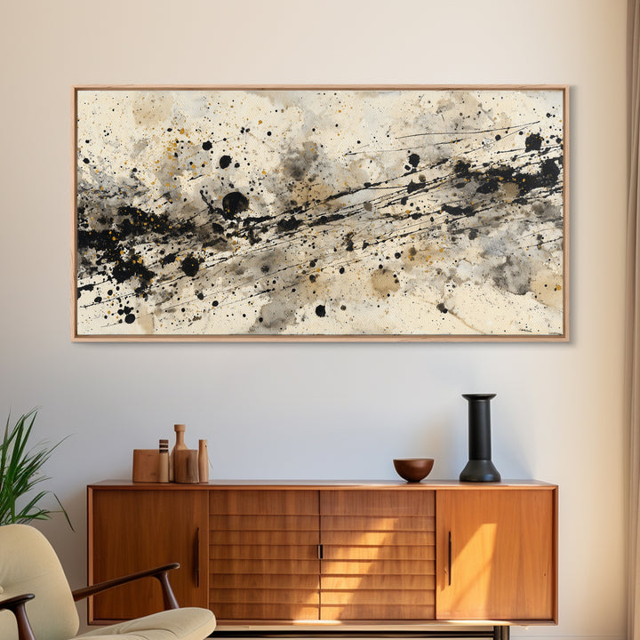 Ink Splatter and Long Brushstroke Composition Canvas Print, Calligraphy Art, Living Room Wall Art, Living Room Decor, Script, CAL-2x1-84