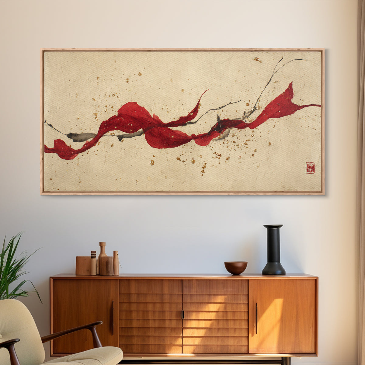 Bold Red Brushstroke Seal Abstraction Framed Canvas Print, Calligraphy Art, Modern Art, Living Room Decor, Fine Art, Script, CAL-2x1-87
