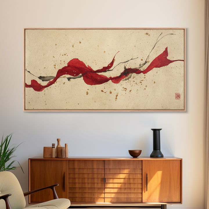 Bold Red Brushstroke Seal Abstraction Framed Canvas Print, Calligraphy Art, Modern Art, Living Room Decor, Fine Art, Script, CAL-2x1-87