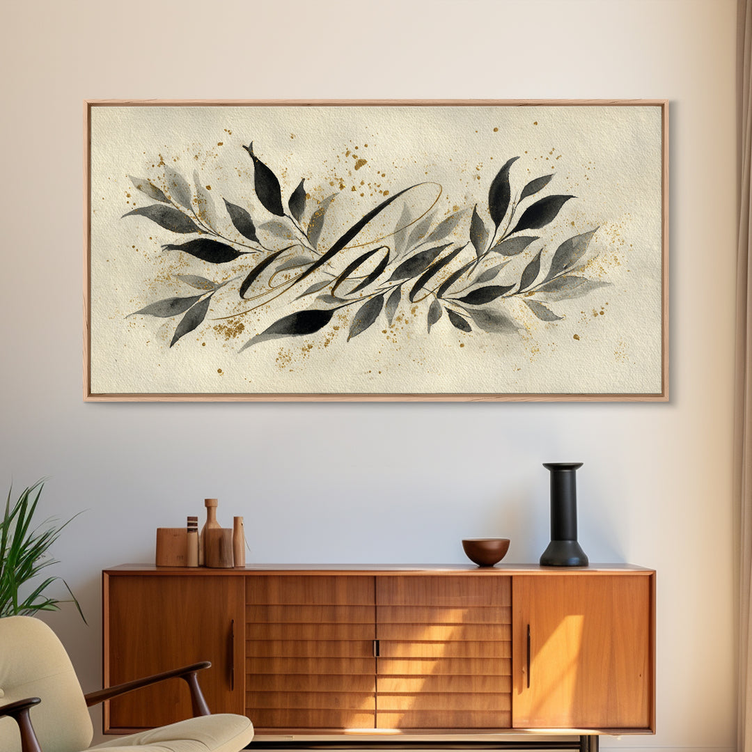 Botanical Calligraphy Pattern Framed Canvas Print, Calligraphy Art, Art, Living Room Decor, Fine Art, Script, Unique Wall Art, CAL-2x1-90