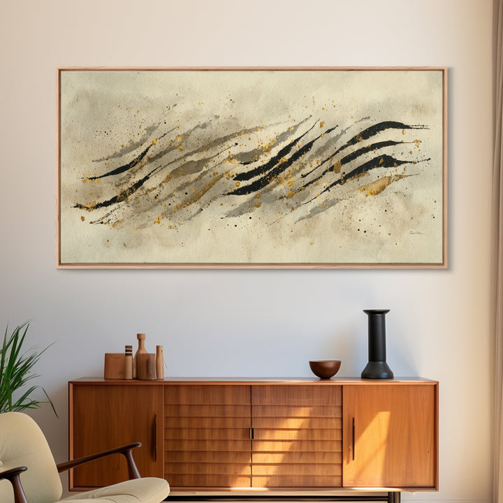 Abstract Gold Calligraphic Strokes on Ivory Paper Canvas Print, Calligraphy Art, Wall Decor, Living Room Decor, Script, CAL-2x1-94