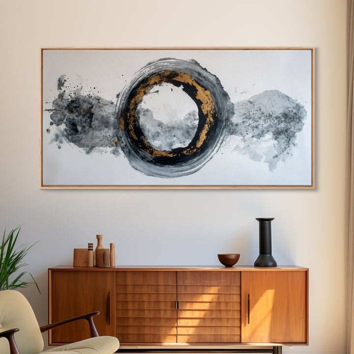 Japanese Brush Mark Circle Framed Canvas Print, Calligraphy Art, Watercolor Art, Living Room Decor, Fine Art, Script, CAL-2x1-96