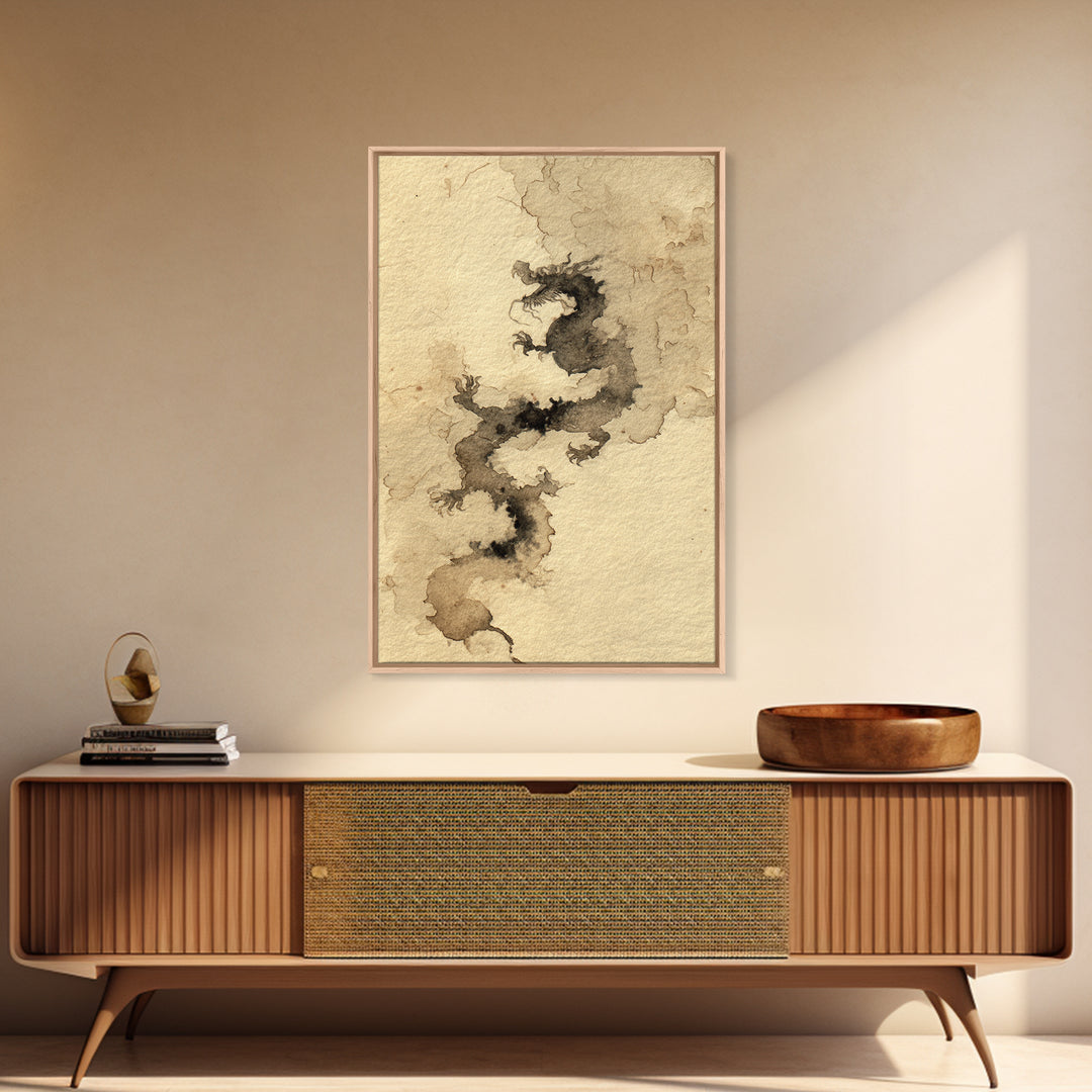 Ink Wash Dragon Curve Framed Canvas Print, Calligraphy Art, Painting, Living Room Decor, Fine Art, Script, Japanese Art, CAL-2x3-17