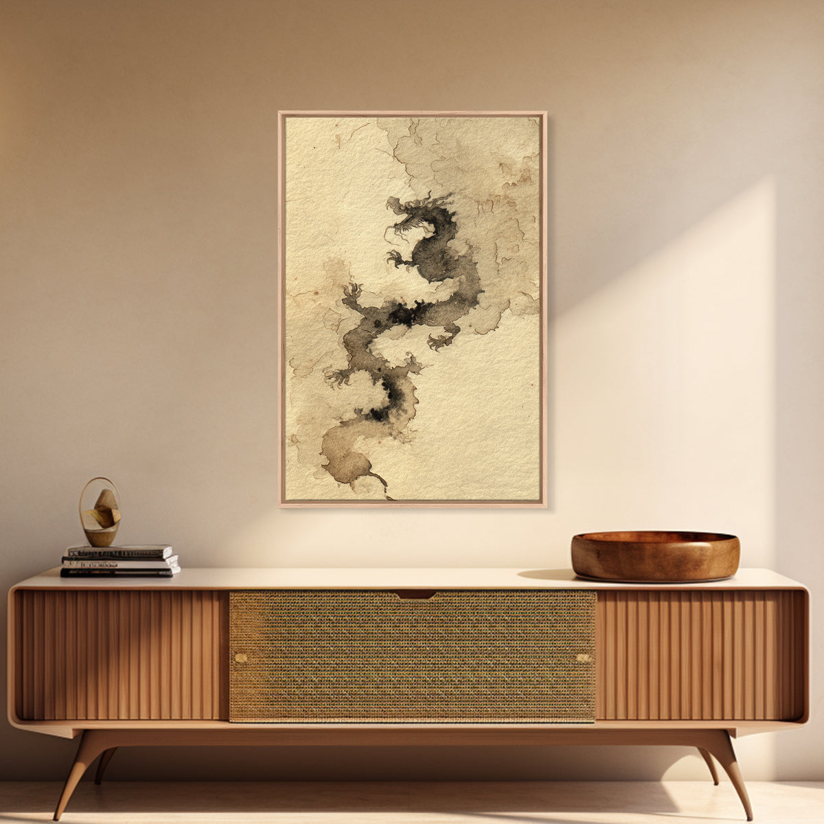 Ink Wash Dragon Curve Framed Canvas Print, Calligraphy Art, Painting, Living Room Decor, Fine Art, Script, Japanese Art, CAL-2x3-17
