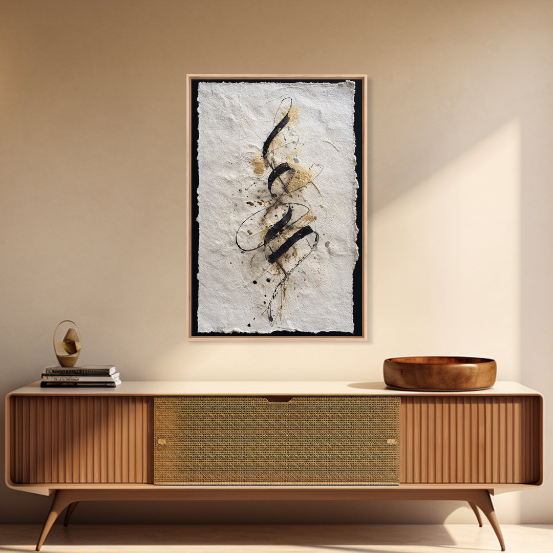 Gold Leaf Calligraphic Spiral on Plaster Surface Canvas Print, Calligraphy Art, Textured Painting, Living Room Decor, Script, CAL-2x3-22